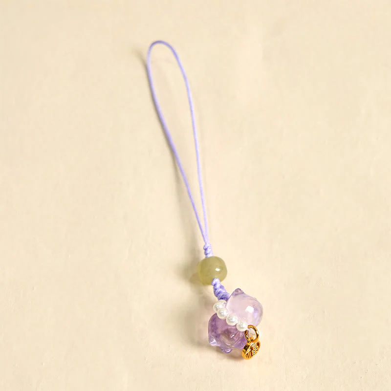 Buddha Stones Pink Crystal Amethyst Citrine Pearl Fu Character Lucky Kitten Warmth Phone Hanging Decoration