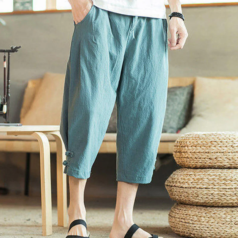 Buddha Stones Crane Embroidery Cotton Men's Cropped Harem Pants With Pockets