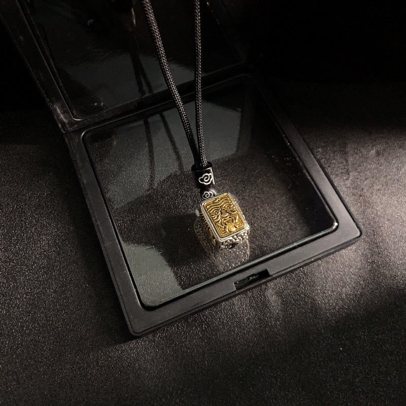 Buddha Stones Tibetan Zakiram Goddess Of Wealth Protection Rope Square Necklace Pendant