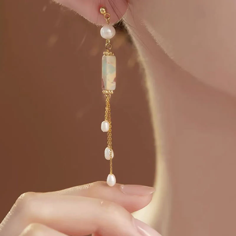 Buddha Stones 925 Sterling Silver Posts Shoushan Stone Pearl Healing Drop Earrings