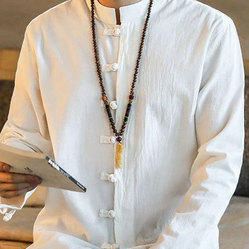 Buddha Stones Casual Stand Collar Frog-Button Long Sleeve Tang Suit Linen Men's Shirt