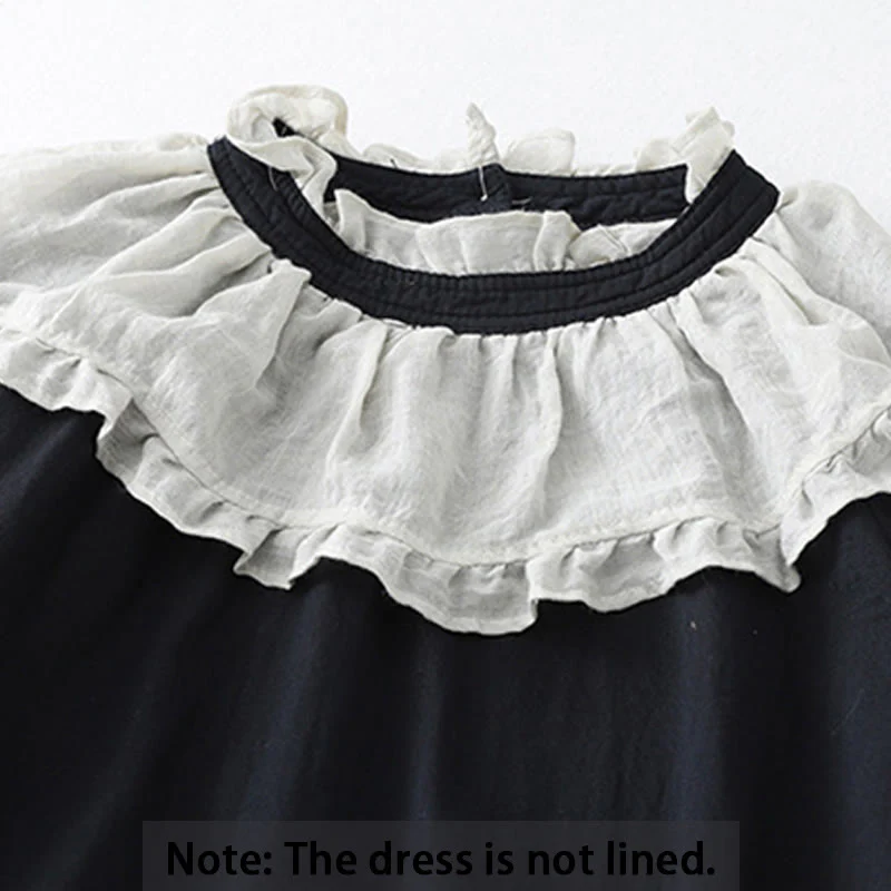 Buddha Stones Casual Ruffled Lace Patchwork Design Puff Sleeve Cotton Midi Dress With Pockets