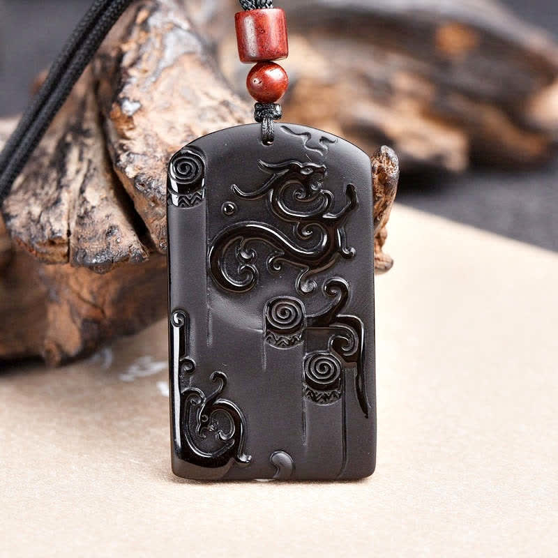 Buddha Stones Black Obsidian Dragon Phoenix Success Necklace Pendant