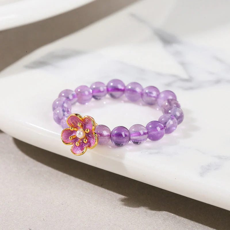 Buddha Stones 3mm Amethyst Peach Blossom Elastic String Ring