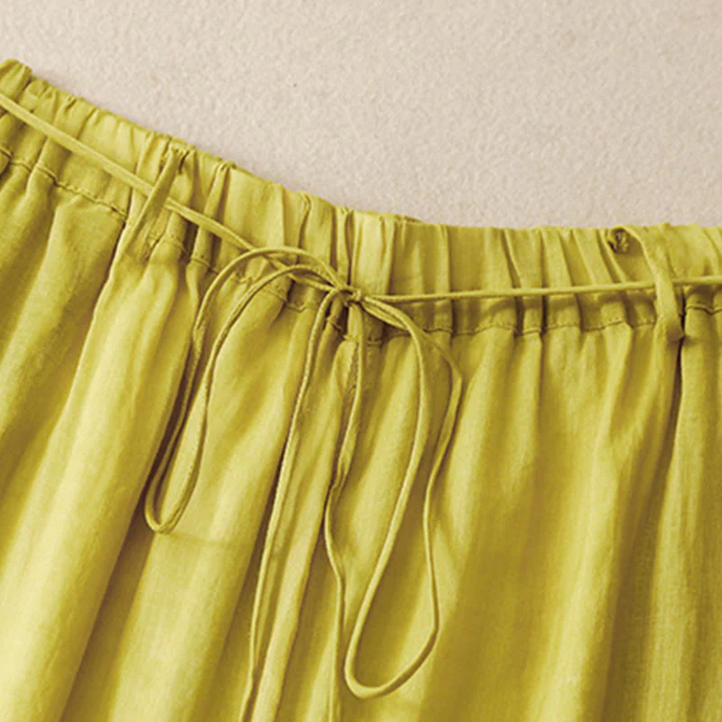 Buddha Stones Simple Design Drawstring Linen Women's Wide Leg Pants With Pockets