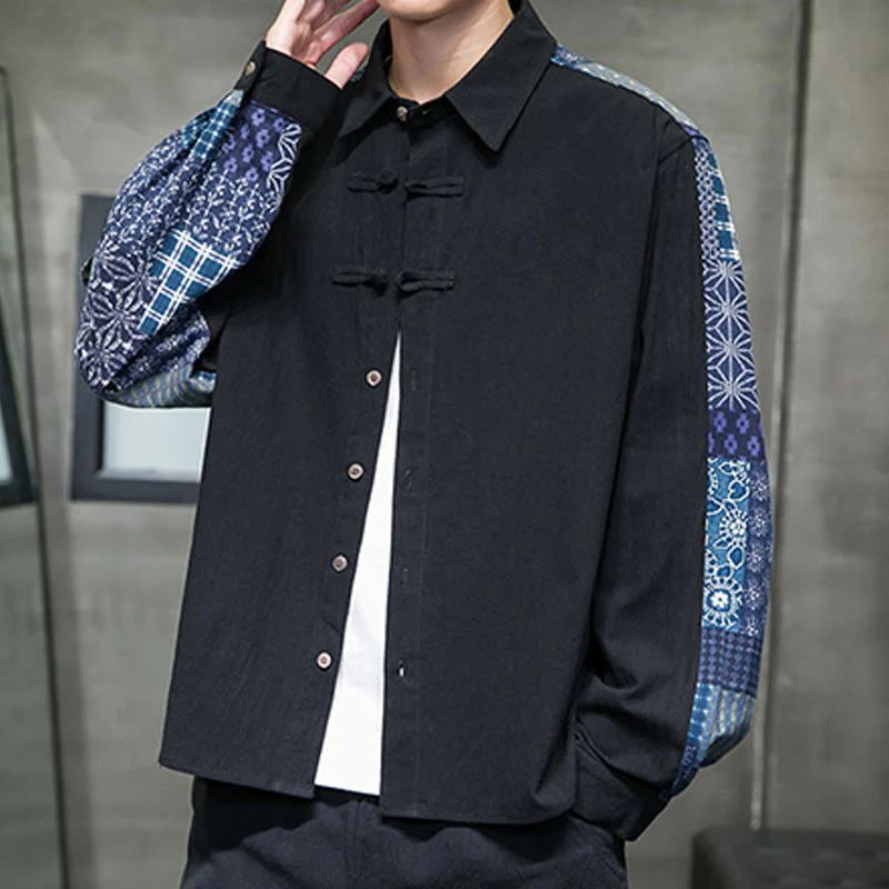 Buddha Stones Men's Flower Pattern Stitching Cotton Blend Long Sleeve Shirt