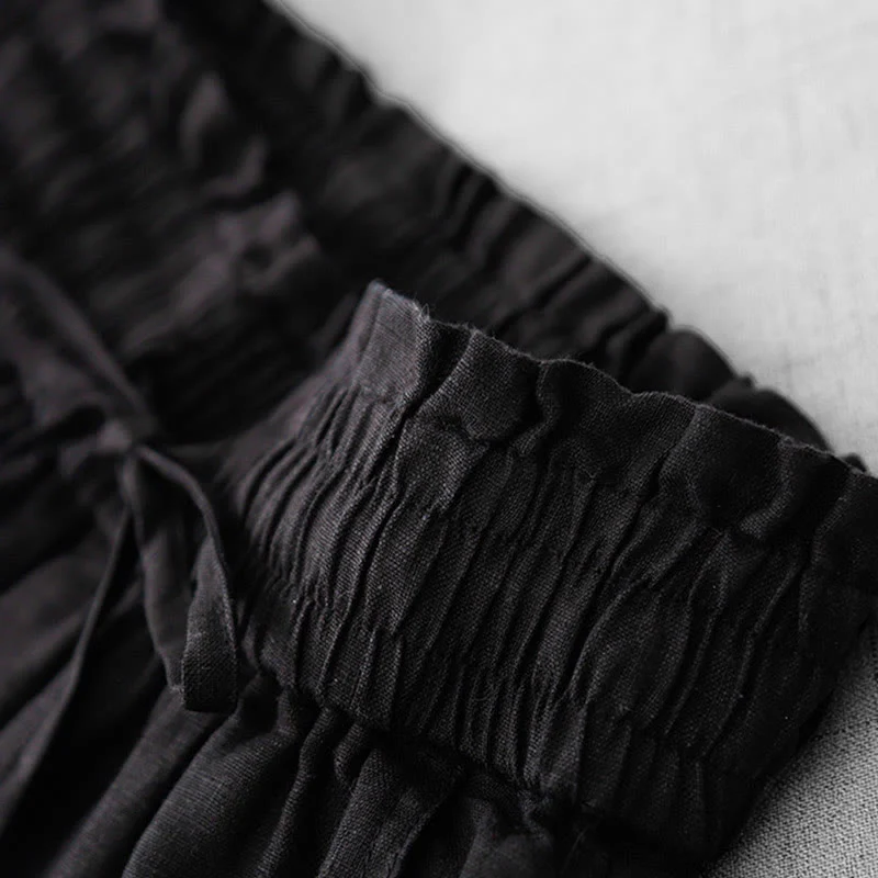 Buddha Stones Casual High Waist Ruffled Drawstring Design Women's Wide Leg Cotton Pants With Pockets