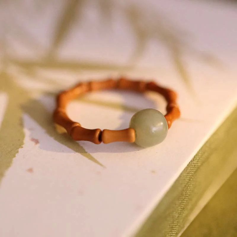 Buddha Stones Hetian Jade Beaded Bamboo Prosperity Luck Ring
