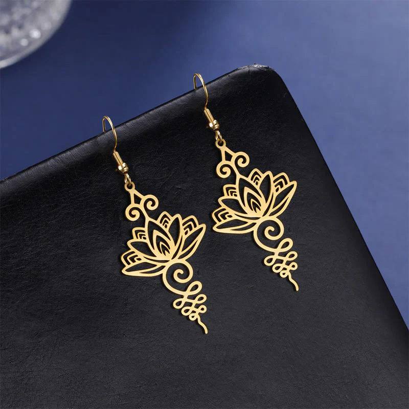 Buddha Stones Hollow Lotus Flower Stainless Steel Enlightenment Metal Drop Earrings