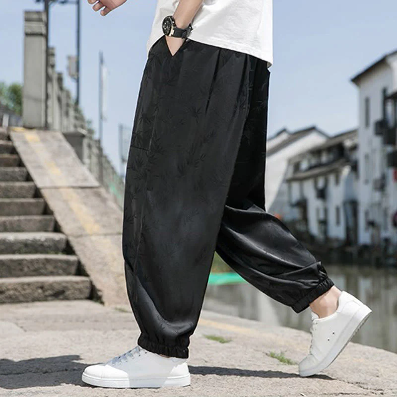 Buddha Stones Summer Ice Silk Jacquard Bamboo Pattern Men's Drawstring Cotton Pants With Pockets