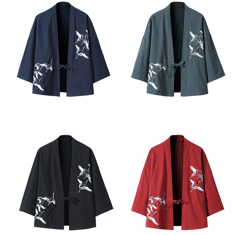 Buddha Stones Embroidery Flying White Cranes Cotton Linen Open Front Jacket Men's Kimono