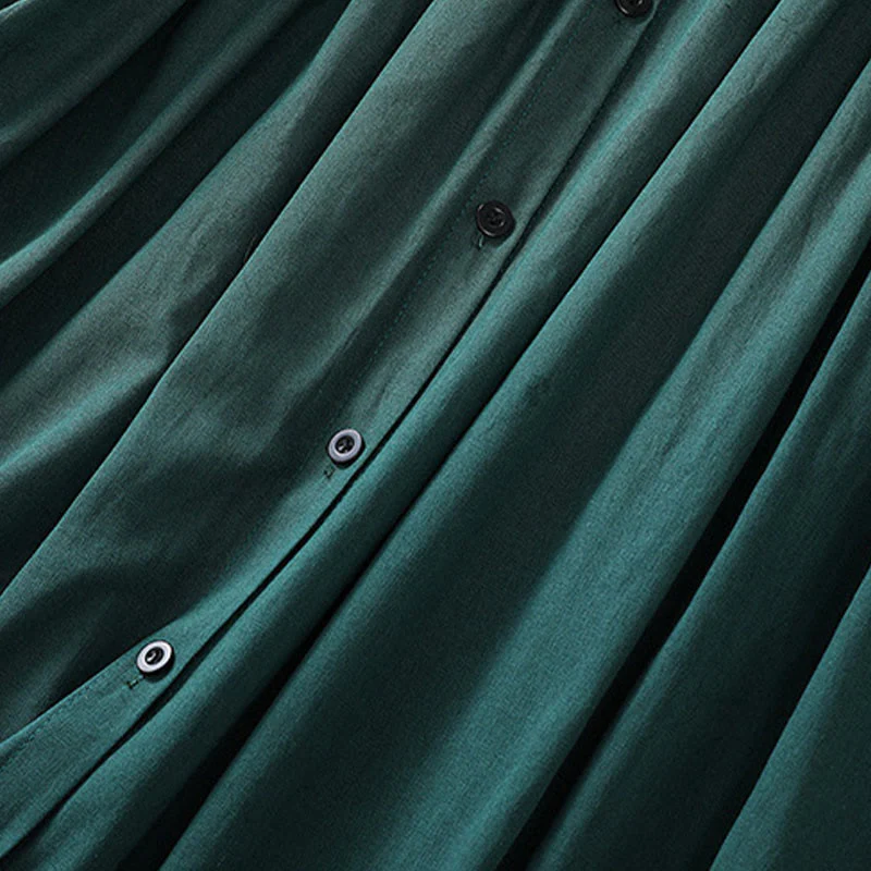 Buddha Stones DarkGreen Plain Ruffled Crew Neck Buttons Design Cotton Midi Dress With Pockets