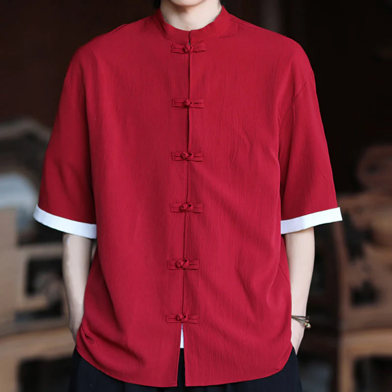 Buddha Stones Plain Tang Suit Frog-Button Design Men's Half Sleeve Shirt