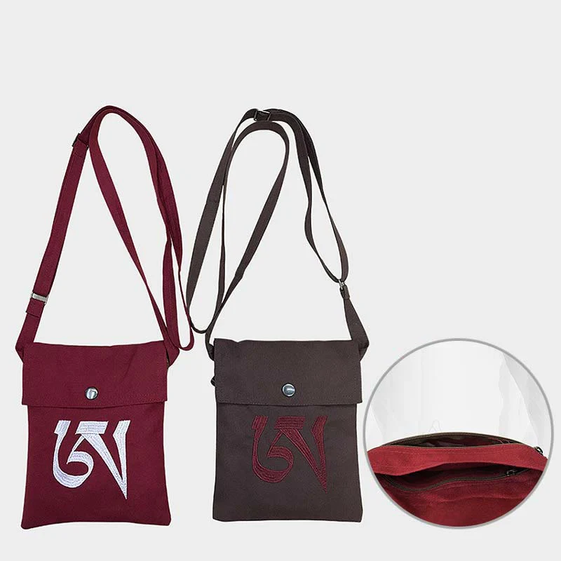 Buddha Stones Handmade OM Mantra Embroidered Spiritual Mind Practice Cotton Crossbody Bag Shoulder Bag Cellphone Bag