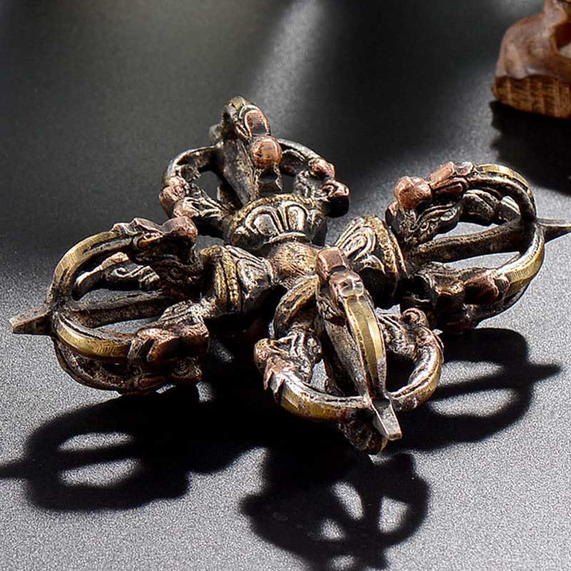 Buddha Stones Tibetan Handmade 5 Prong Double Dorje Copper Iron Thunderbolt Strength Vajra