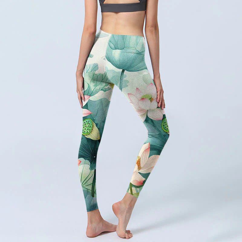 Buddha Stones Lotus Flowers Leaves Lotus Pods Pattern Print Gym Leggings Women's Yoga Pants