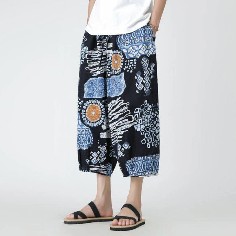 Buddha Stones Summer Square Patchwork Elephant Mandala Geometry Cotton Linen Men's 7-8 Length Pants With Pockets