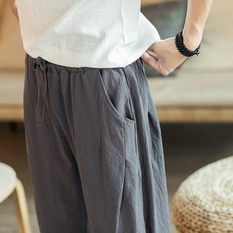 Buddha Stones Crane Embroidery Cotton Men's Cropped Harem Pants With Pockets