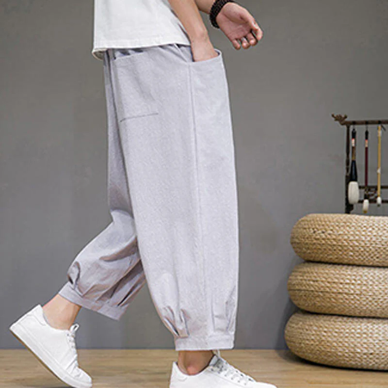 Buddha Stones Simple Cotton Men's Cropped Capri Harem Pants With Pockets
