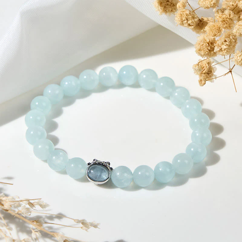 Buddha Stones Natural Aquamarine Lucky Cat Peace Bracelet