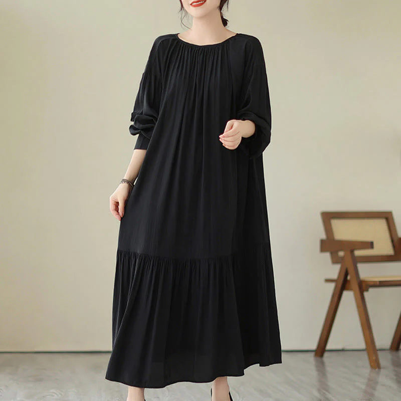 Buddha Stones Casual Plain Two-sided Style Dress Chiffon Midi Dress With Pockets