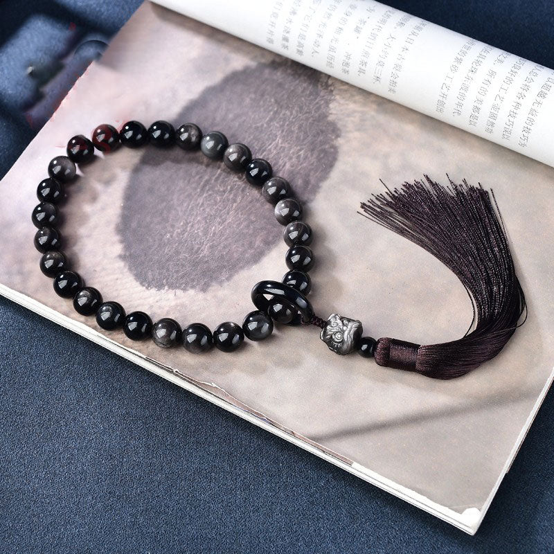 Buddha Stones Natural Silver Sheen Obsidian Lion Wrist Mala Protection Tassels Pocket Mala Car Decoration