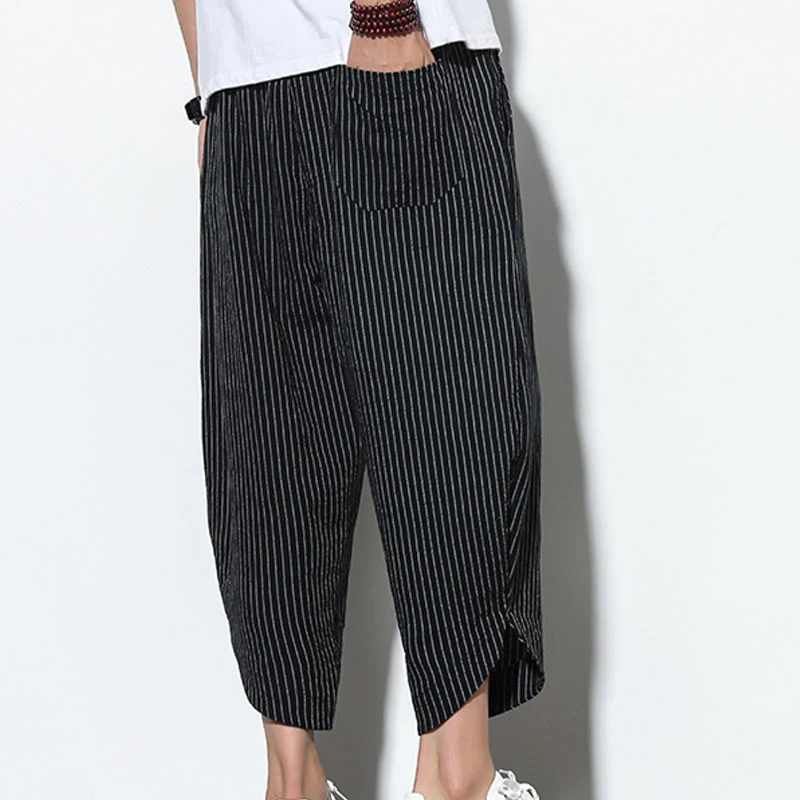 Buddha Stones Summer Stripes Pattern Drawstring Cotton Linen Men's 7-8 Length Harem Pants With Pockets