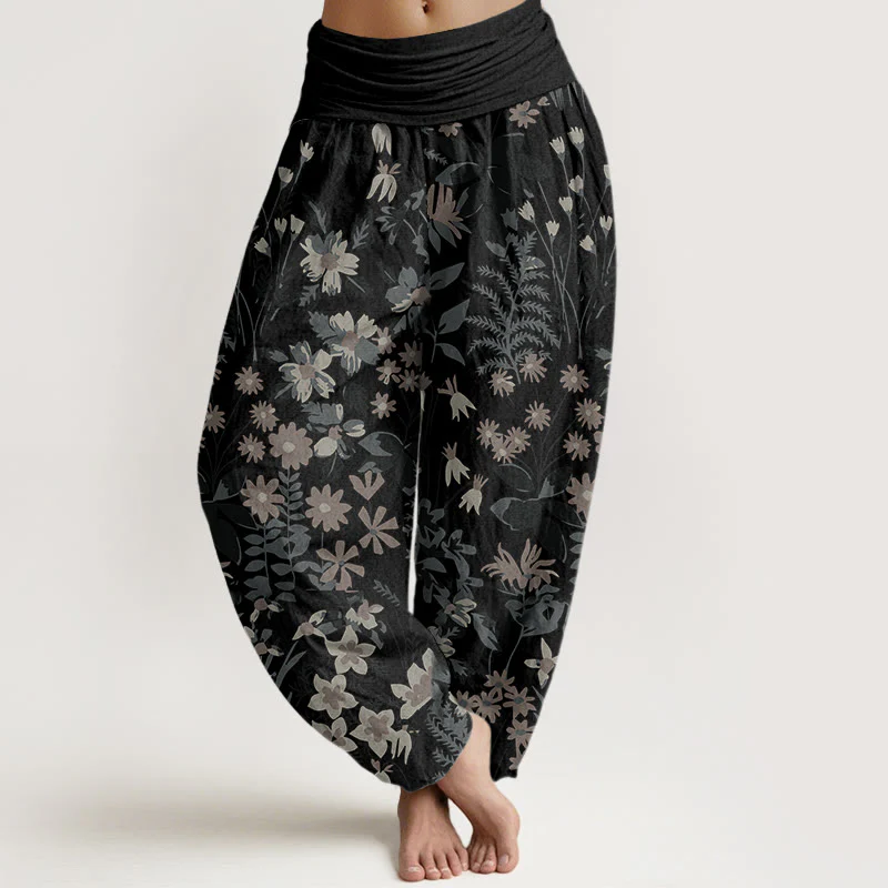 Buddha Stones Casual Daisy Flowers Leaves Design Women's Elastic Waist Harem Pants
