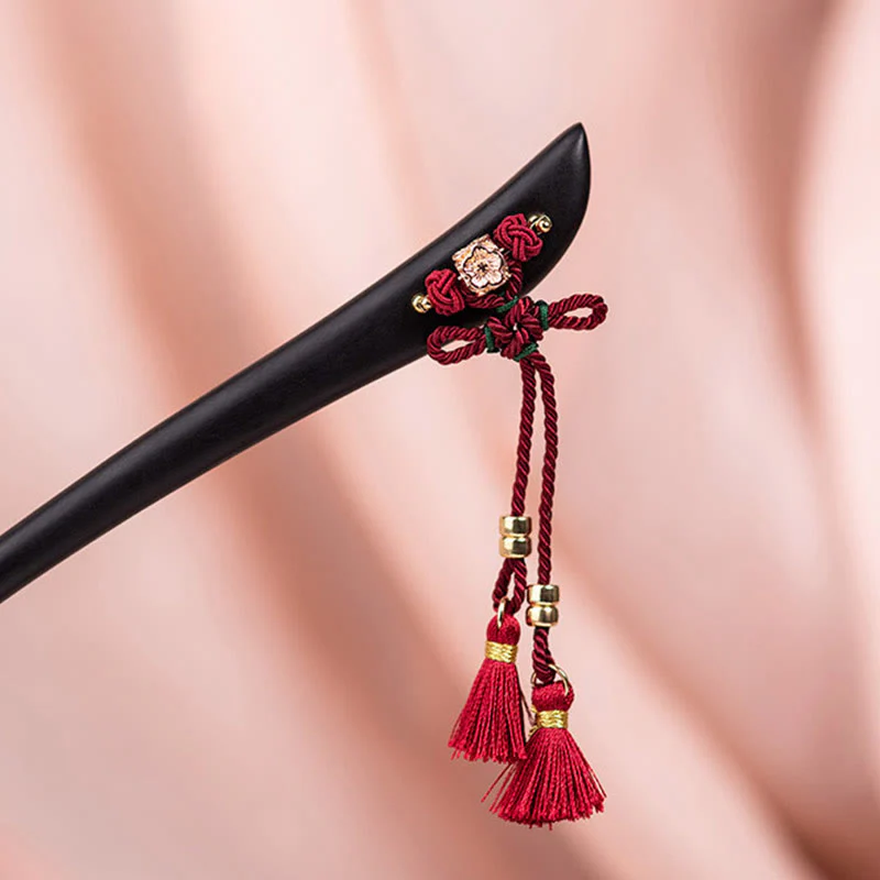 Buddha Stones Ebony Red String Chinese Knot Tassel Protection Hairpin