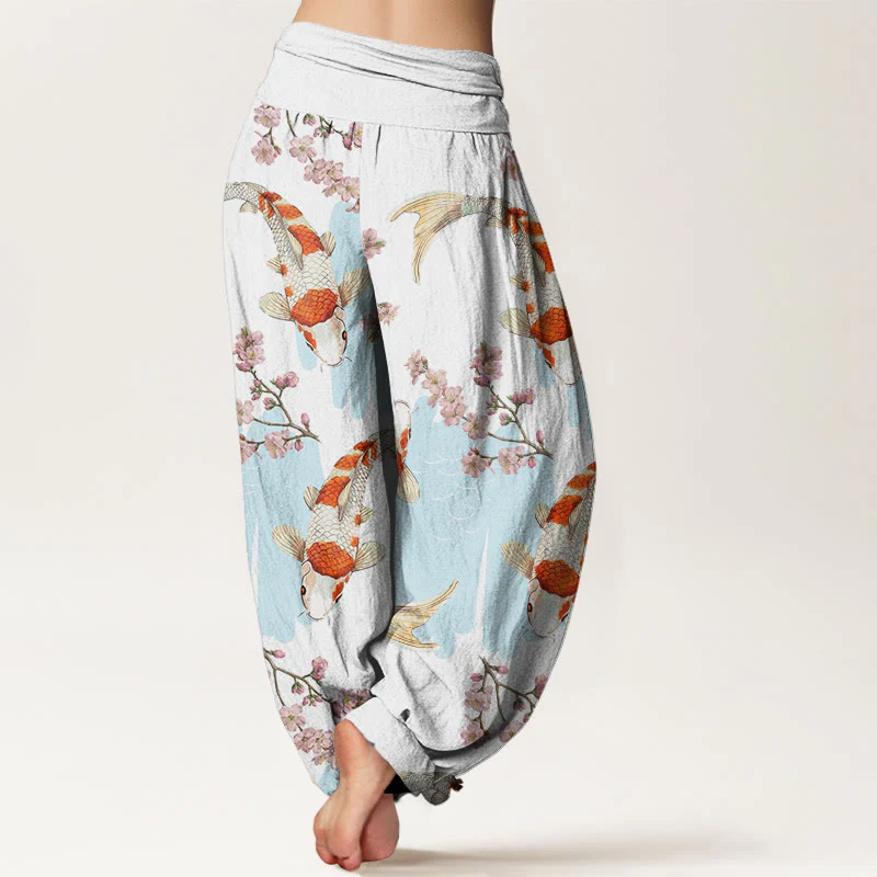Buddha Stones Casual Koi Fish Cherry Blossom Pattern Women's Elastic Waist Harem Pants