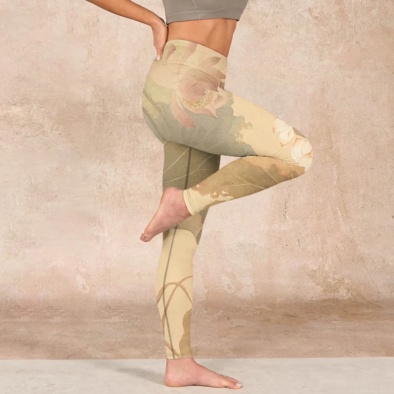 Buddha Stones Lotus Flowers Leaves Print Gym Leggings Women's Yoga Pants