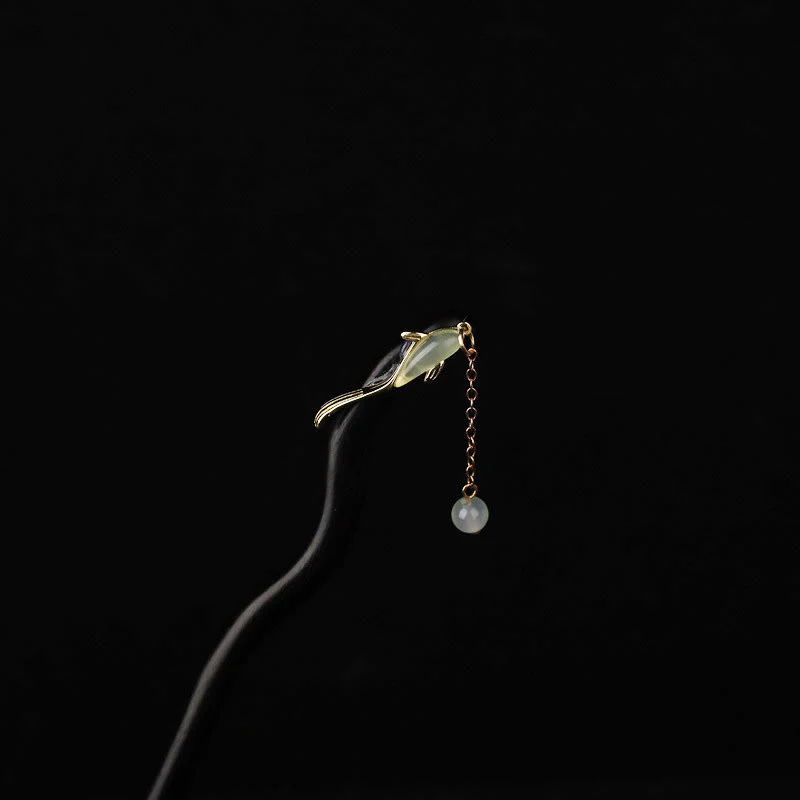 Buddha Stones Ebony Hetian Jade Fish Blessing Hairpin