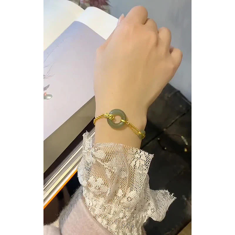 Buddha Stones Round Jade Peace Buckle Gourd Fu Character Auspicious Prosperity Chain Bracelet