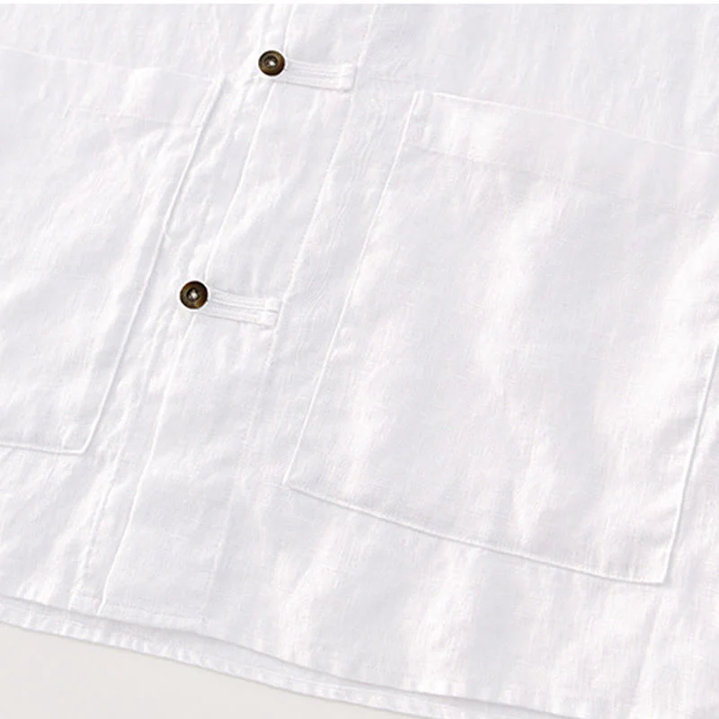 Buddha Stones Solid Summer Short Sleeve Buttons Linen Men's Shirt With Pockets