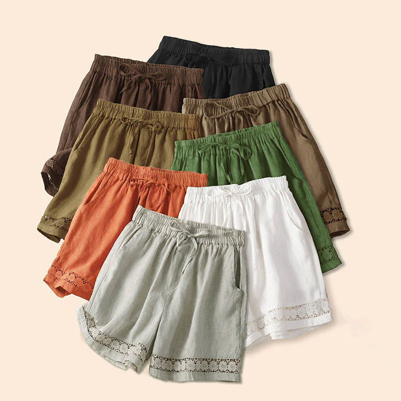 Buddha Stones Plain Color Bottom Hollow Lace Design Lace-up Cotton Linen Women's Shorts With Pockets