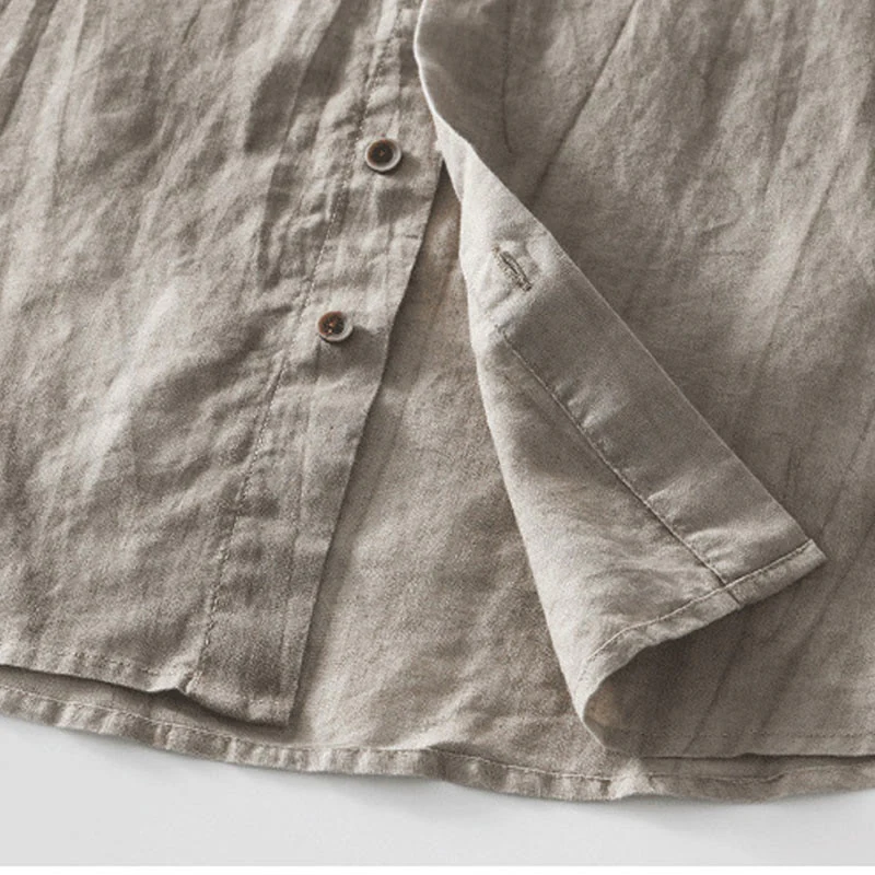 Buddha Stones Summer Buttons Short Sleeve Ramie Linen Cotton Men's Shirt