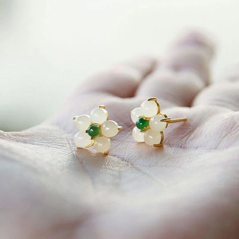 Buddha Stones White Jade Flower Luck Blessing Stud Earrings