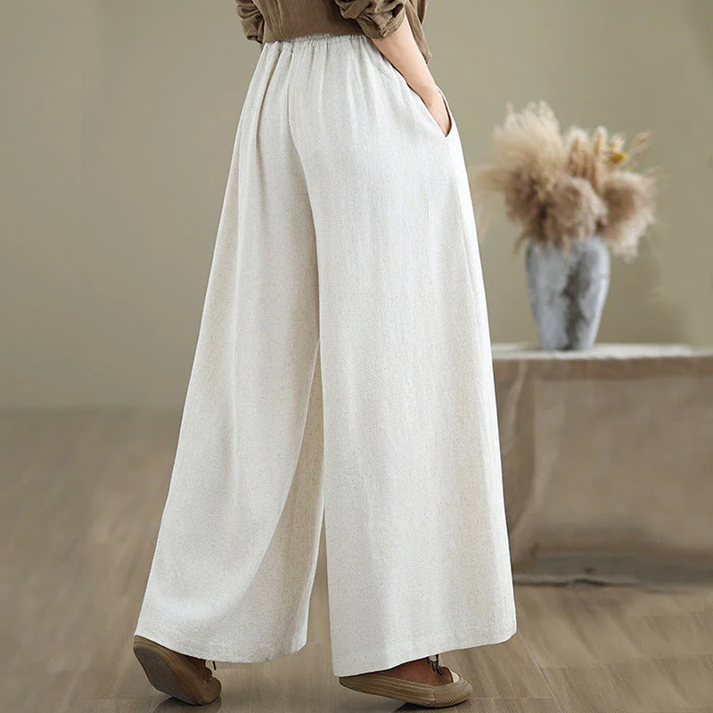 Buddha Stones Commute Plain Simple Lace-Up Design Women's Wide Leg Cotton Linen Pants With Pockets