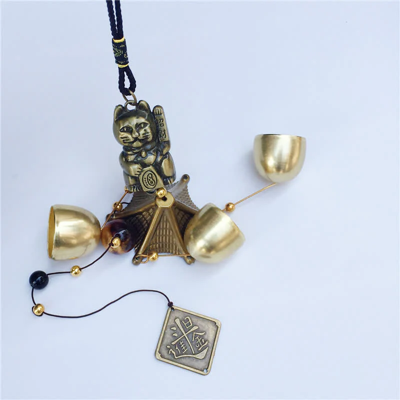 Buddha Stones Auspicious Wealth Cat Wall Hanging Chime Bell Copper Luck Handmade Home Decoration