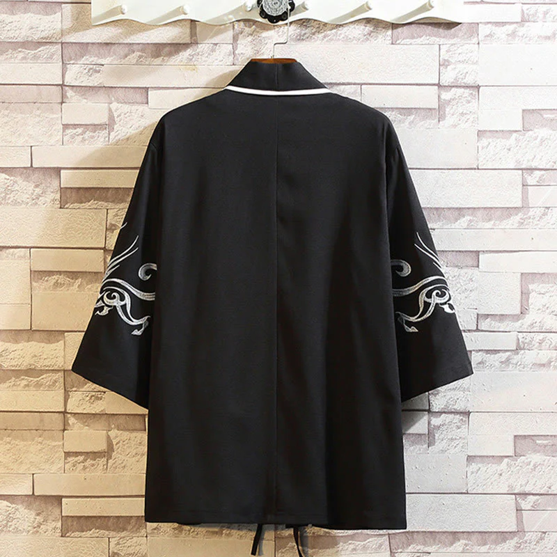 Buddha Stones Embroidery Dragon Phoenix Auspicious Cloud Waves Leaves Cranes Open Front Jacket Men's Kimono