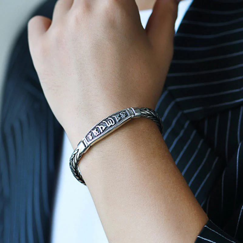 Buddha Stones Tibetan Copper Weave Om Mani Padme Hum Relief Vajra Peace Metal Bracelet