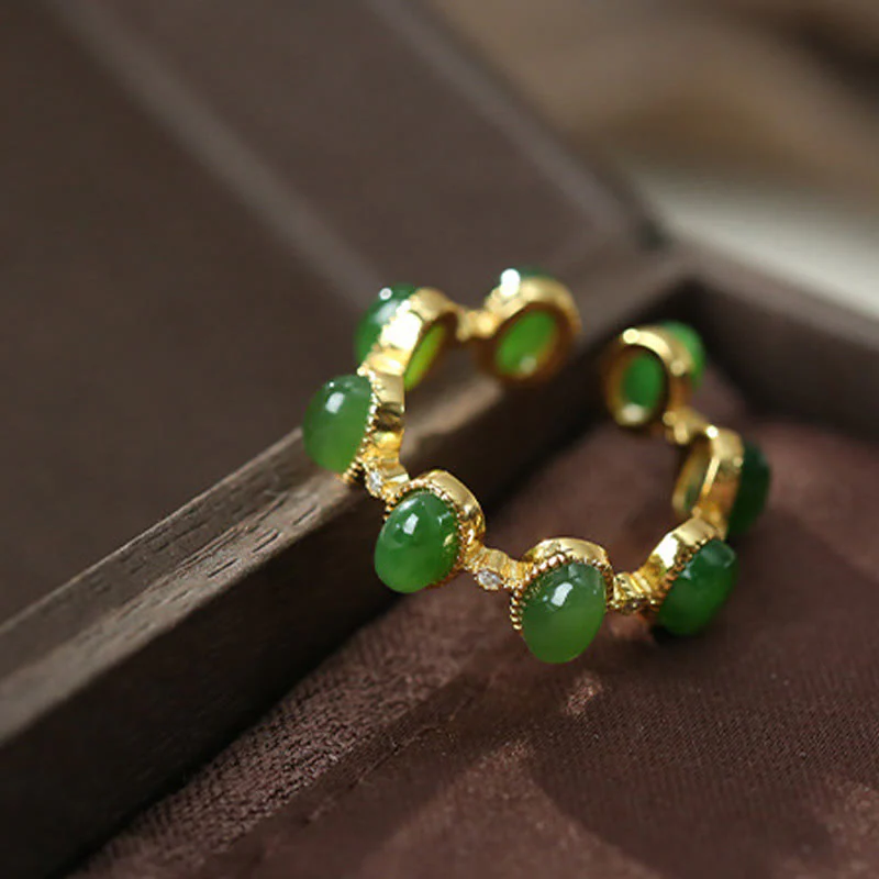 Buddha Stones 925 Sterling Silver Hetian Cyan Jade Beads Healing Adjustable Ring