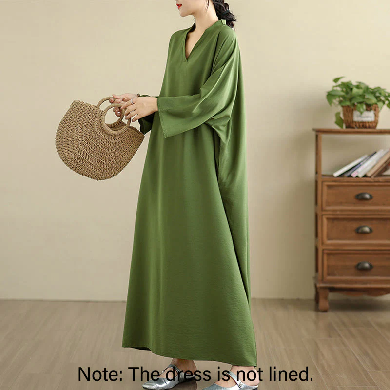 Buddha Stones Retro Casual Solid Color Long Sleeve Cotton Linen Maxi Dress With Pockets