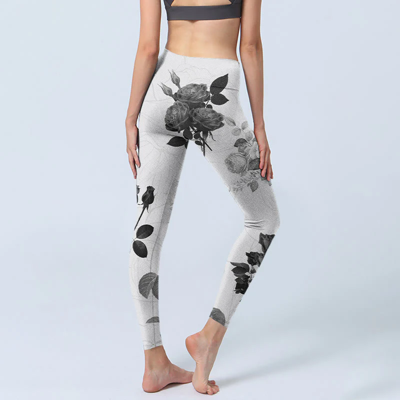 Buddha Stones Black White Rose Gym Leggings Women's Yoga Pants