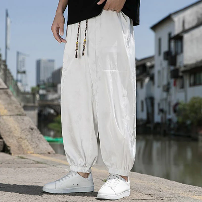 Buddha Stones Summer Ice Silk Jacquard Bamboo Pattern Men's Drawstring Cotton Pants With Pockets