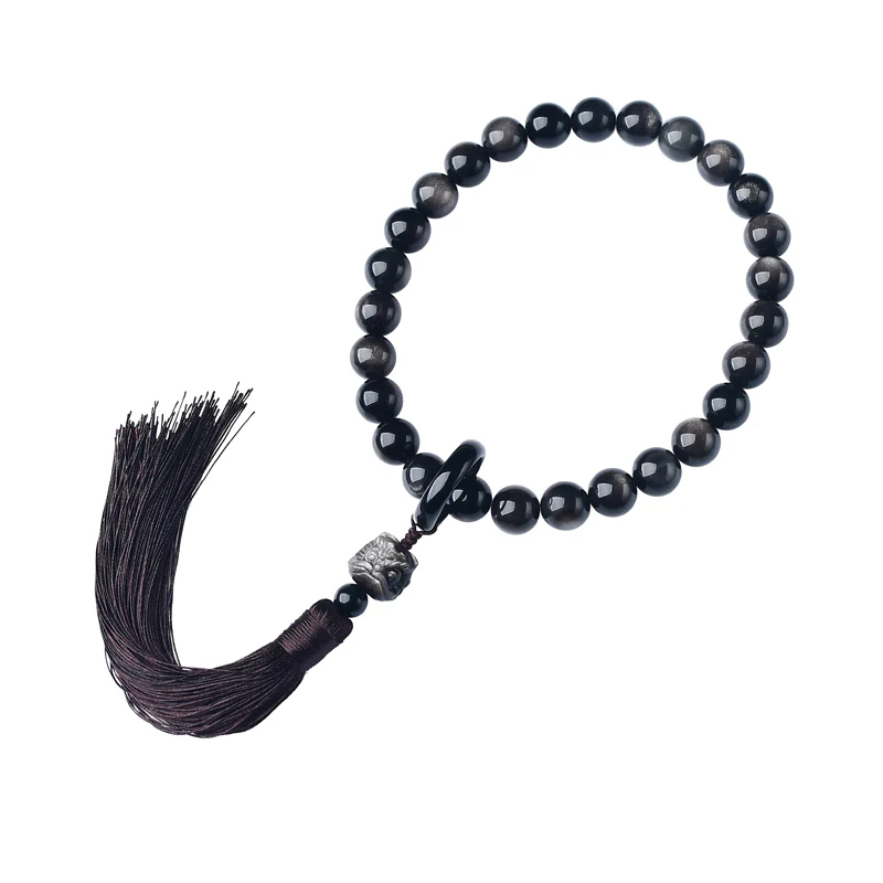 Buddha Stones Natural Silver Sheen Obsidian Lion Wrist Mala Protection Tassels Pocket Mala Car Decoration
