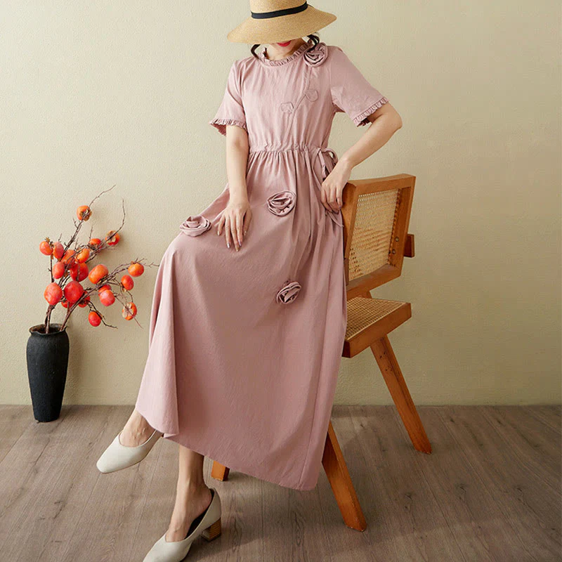 Buddha Stones Three-Dimensional Flower Design Ruffled Neck Cotton Linen Midi Dress With Pockets