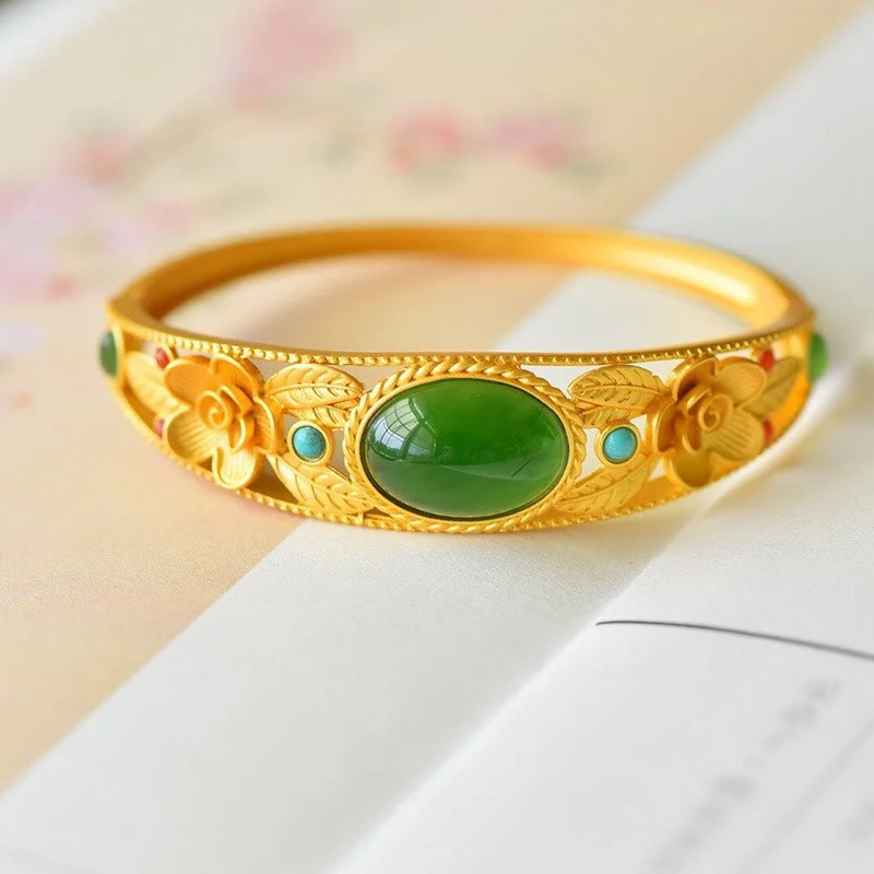 Buddha Stones Cyan Jade White Jade Flower Leaf Harmony Luck Bracelet Bangle
