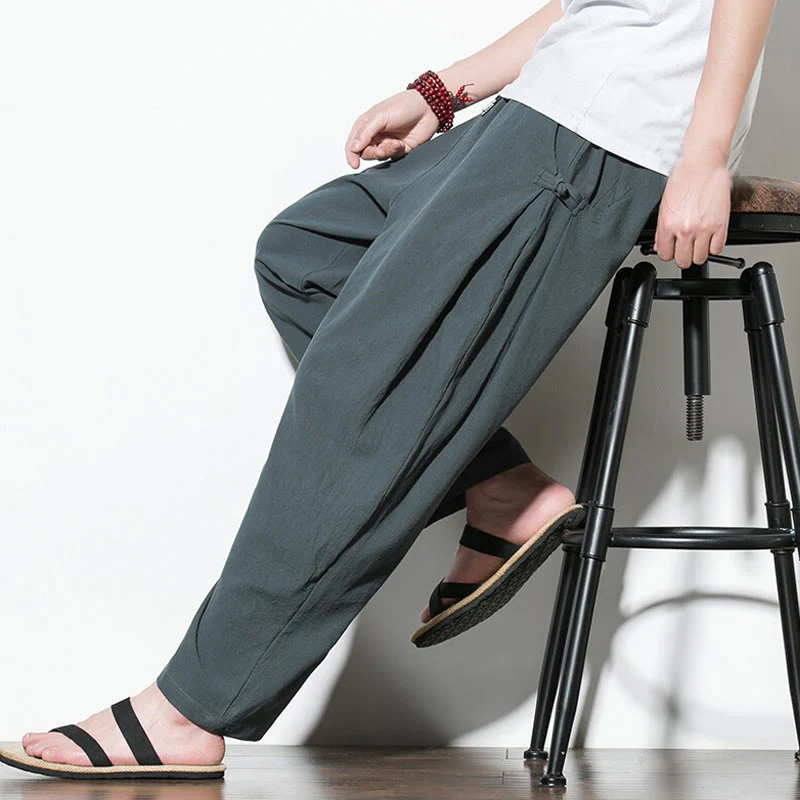 Buddha Stones Summer Side Frog-Button Design Men's Cotton Linen Pants With Pockets