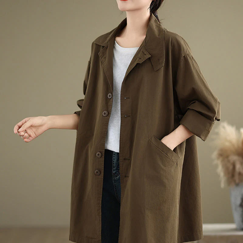 Buddha Stones Spring Plain Buttons Design Long Sleeve Women's Cotton Linen Jacket With Pockets